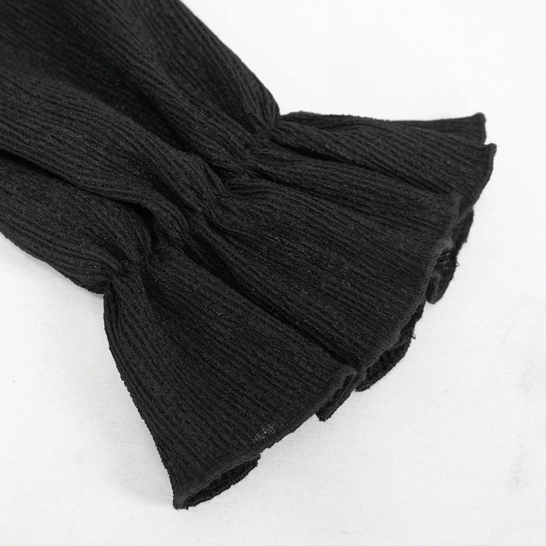 Side close-up of black gothic blouse gathered ruffled flared cuff with ribbed knit fabric texture
