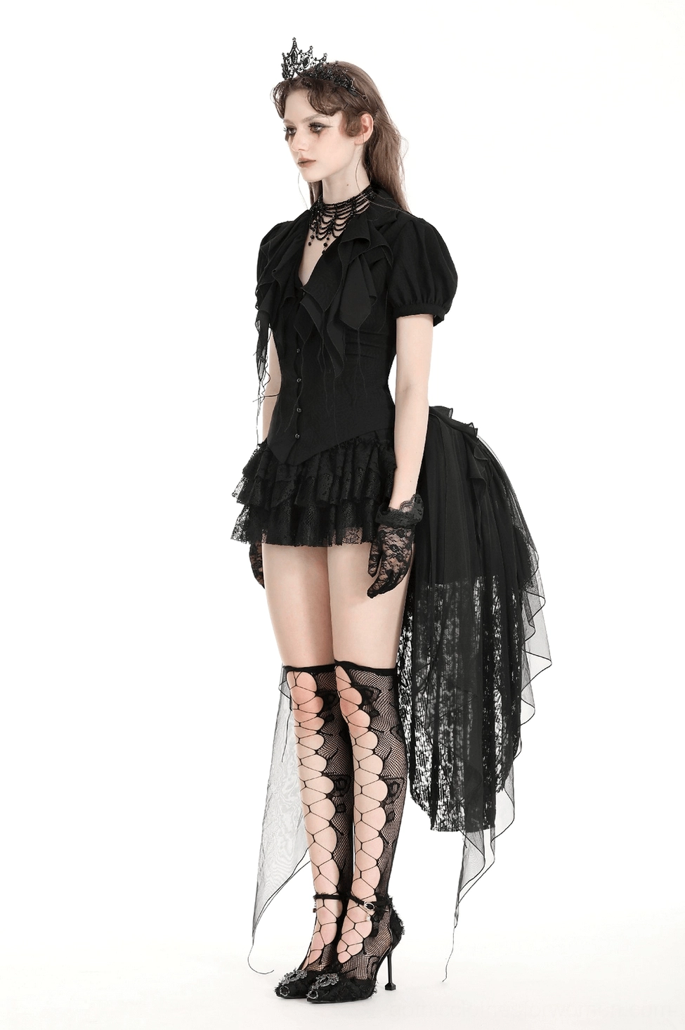Black gothic ruffled blouse polyester fabric drape and texture showcase