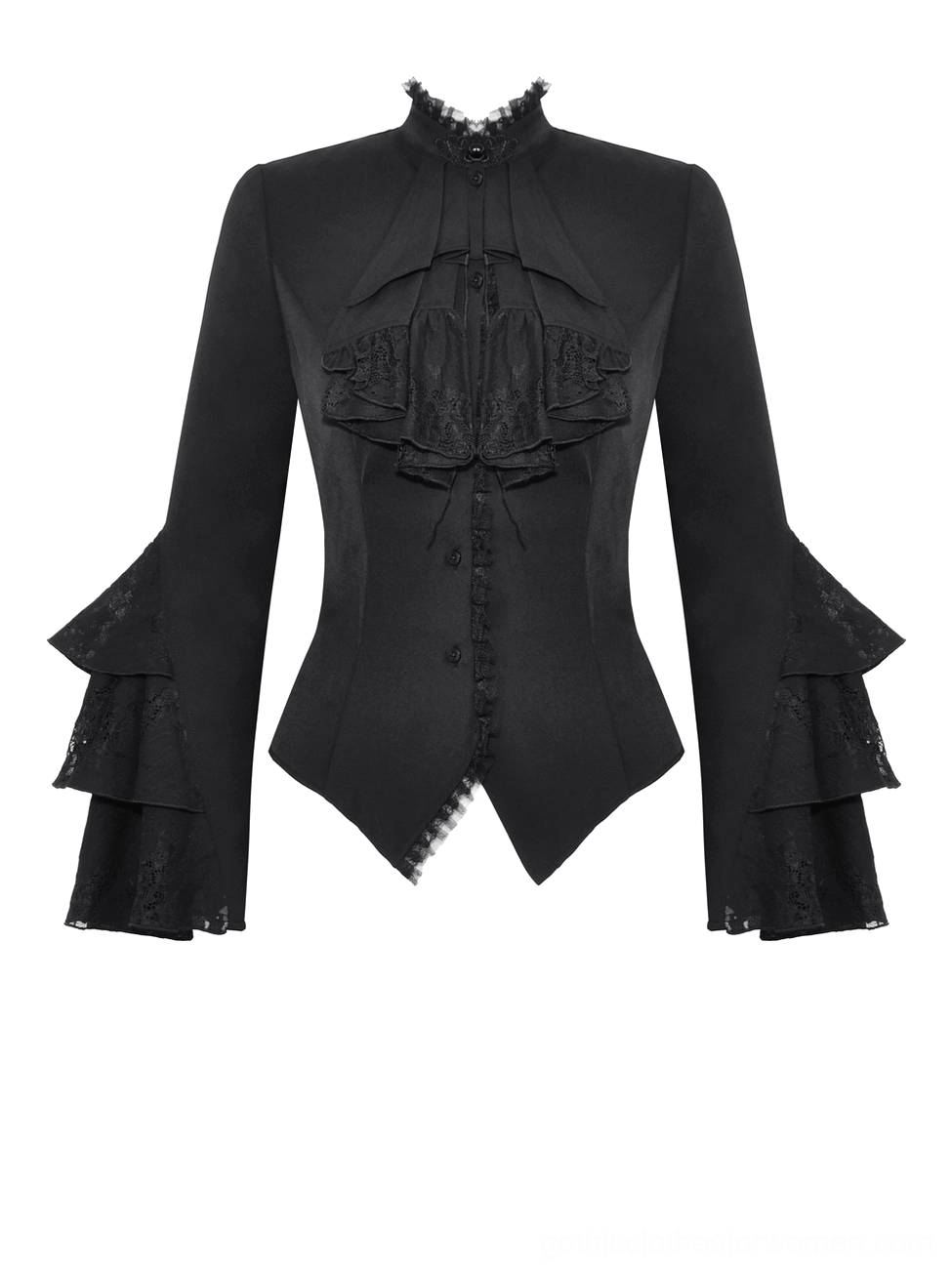 Flat lay front view of black Victorian gothic blouse showing stand collar, hidden button closure, and curved asymmetrical hem against white background