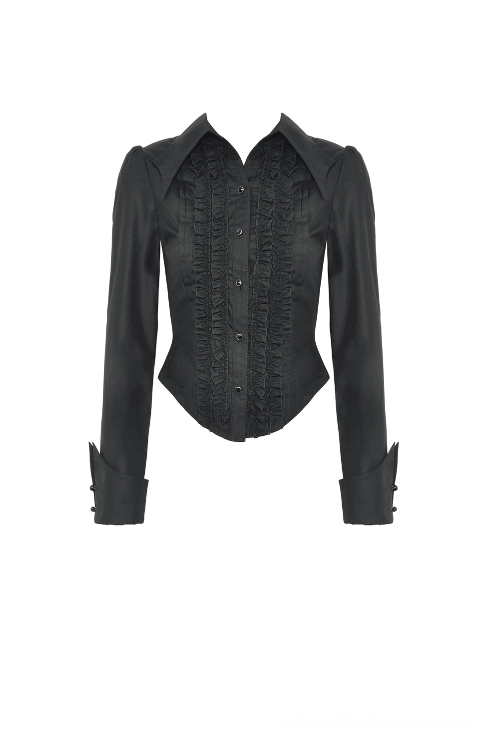 Flat lay front view of black gothic ruffled blouse showing double-row front placket, metal button closure, tailored cuffs, and pristine construction