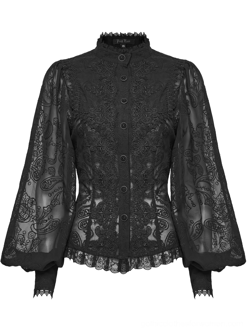 Black gothic blouse front detail - stand collar and embossed paisley lace overlay