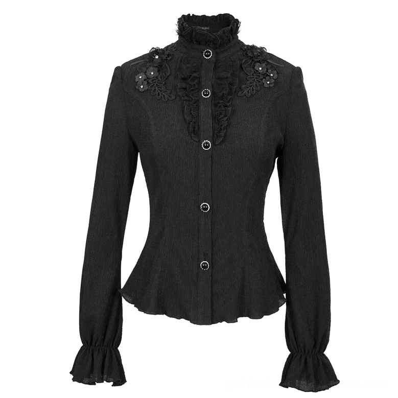 Black gothic stand collar blouse flat lay, front view showing button placket and flared ruffled cuffs