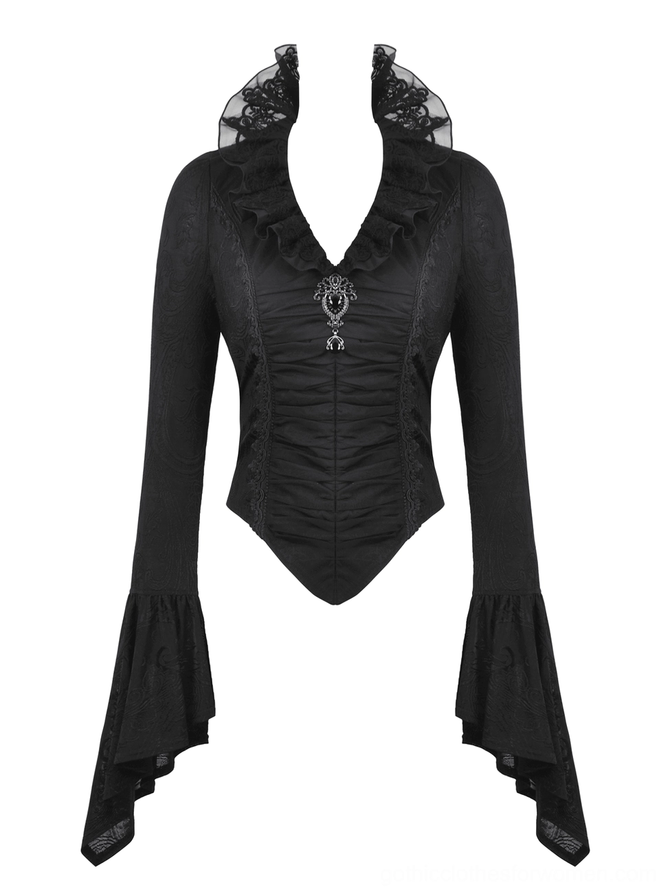 Front flat lay of black gothic Victorian blouse showing V-neck ruffled trim construction, ruched bodice with vertical stitching, and silver filigree brooch accent