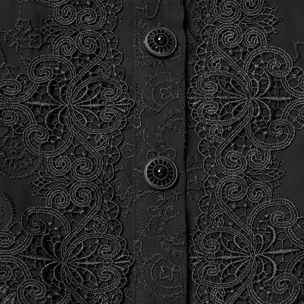 Black gothic blouse front placket detail - decorative round buttons and paisley lace on sheer chiffon
