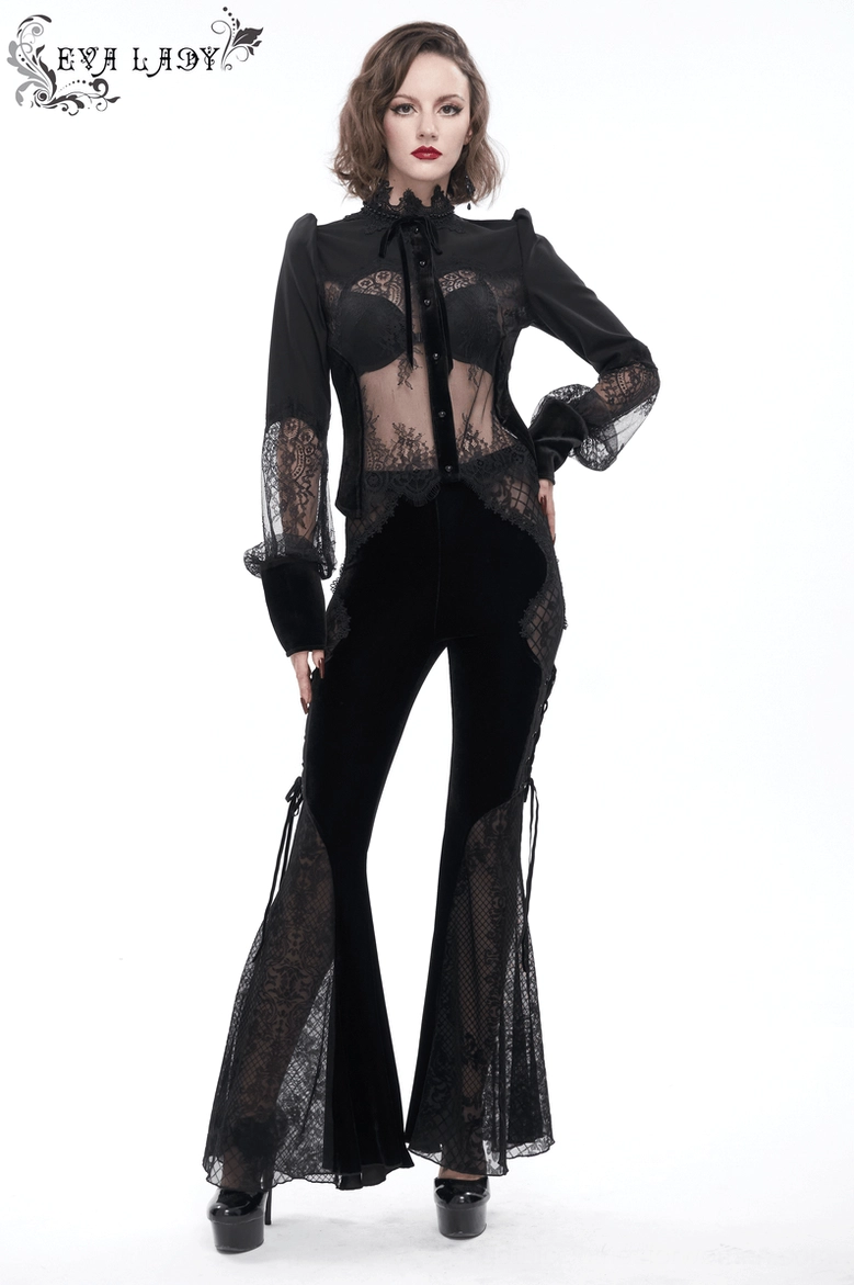 Black gothic lace blouse front close-up showing sheer lace bodice construction and velvet crown collar detail