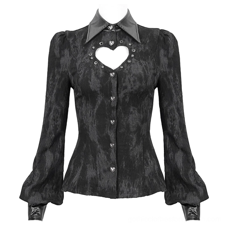 Black gothic long-sleeve blouse on mannequin front full view with heart button details