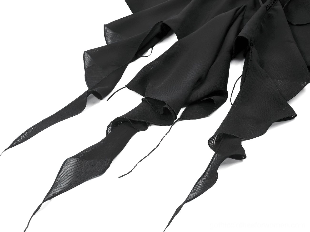 Black gothic blouse full length view with high-low tulle skirt hem detail