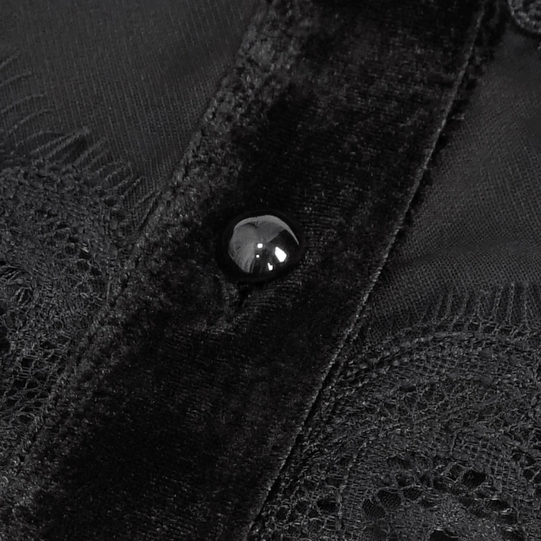 Black lace gothic blouse full length side view showing dramatic puff sleeves slim fit silhouette and sheer lace design