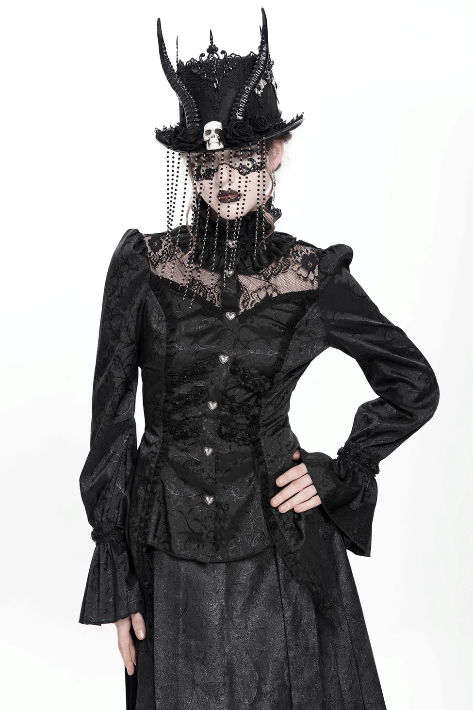 Black gothic blouse with heart buttons, complete styling view, dark romantic aesthetic