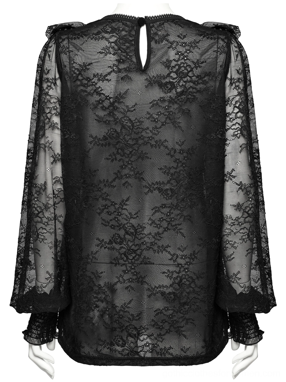 Black gothic lace blouse back view - keyhole closure and all-over floral lace
