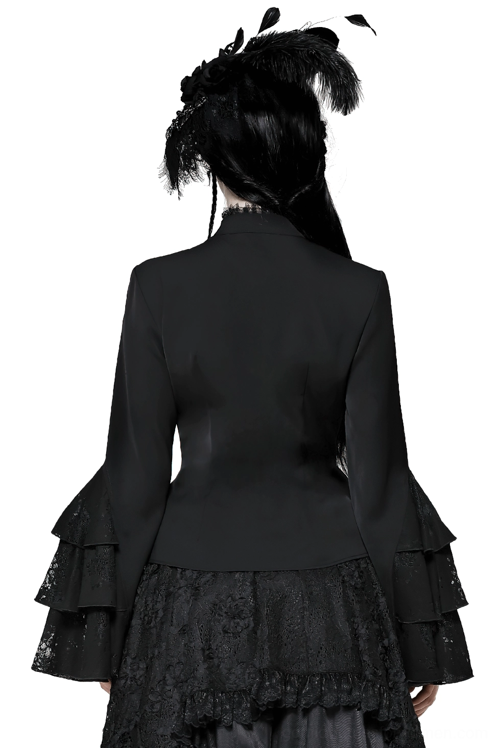 Gothic Victorian lace blouse back view showing fitted waist silhouette and lace-trimmed ruffled sleeves on model against white studio background