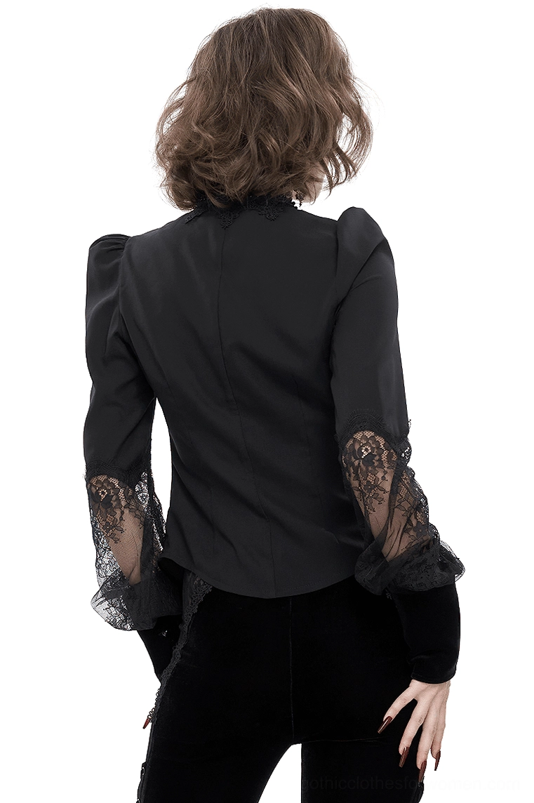 Black gothic lace blouse back view showing solid back panel and structured puff shoulders with lace-trimmed cuffs