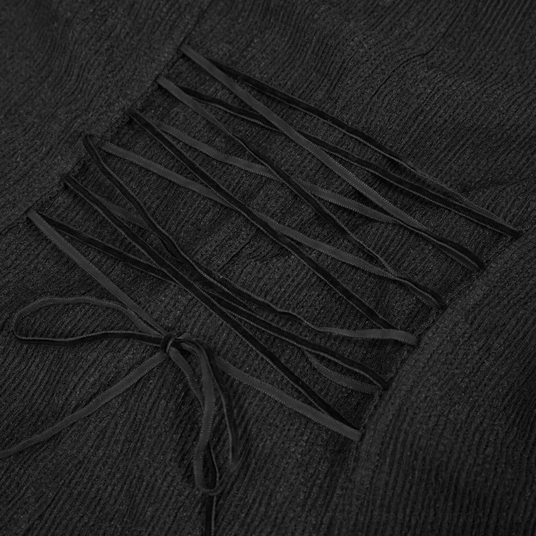 Gothic blouse lace-up back construction showing corset-inspired cinching mechanism and spandex knit blend
