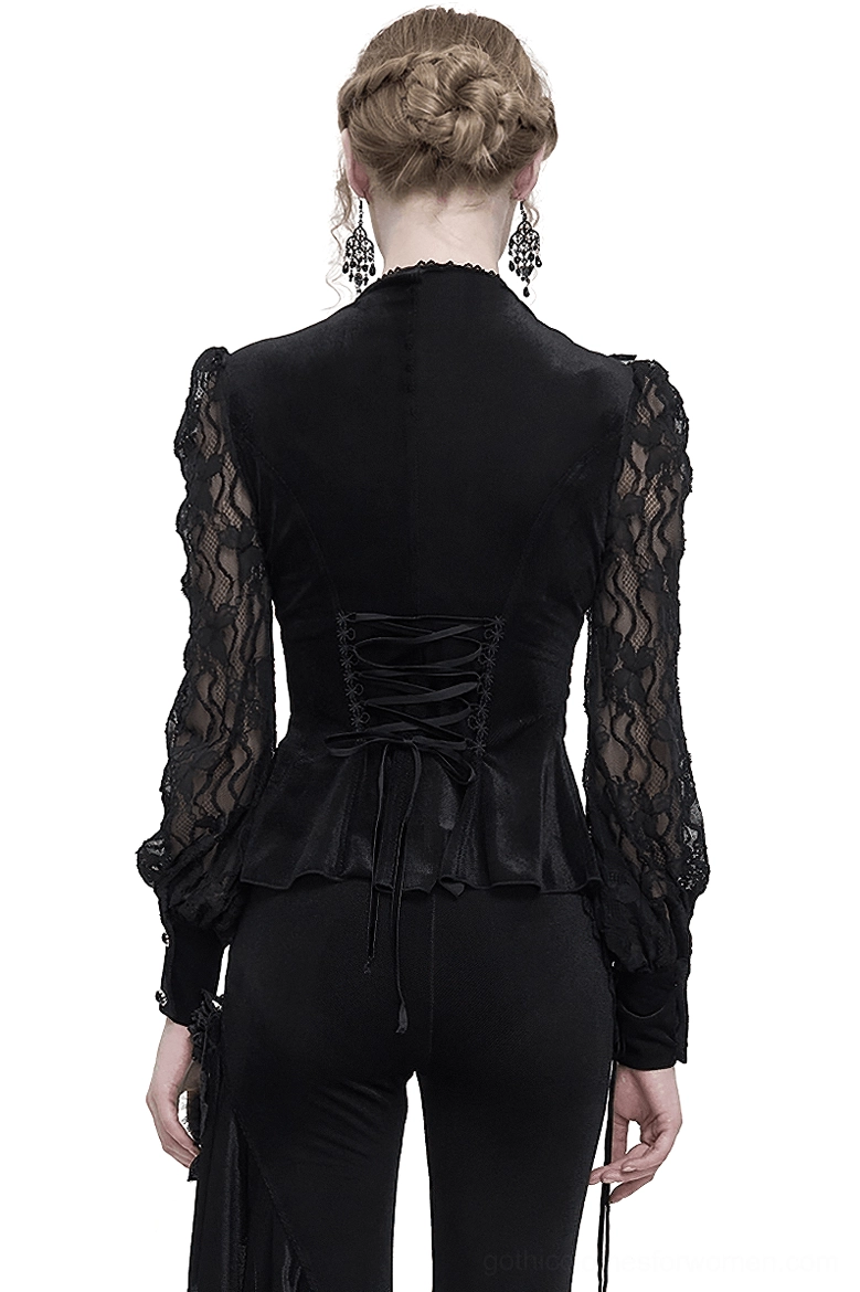 Gothic black velvet blouse back view featuring corset-inspired lace-up back design and sheer lace puff sleeves on model