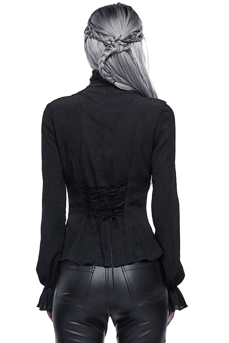Black gothic blouse with lace-up back and cinched waist design, back view on model with braided hair