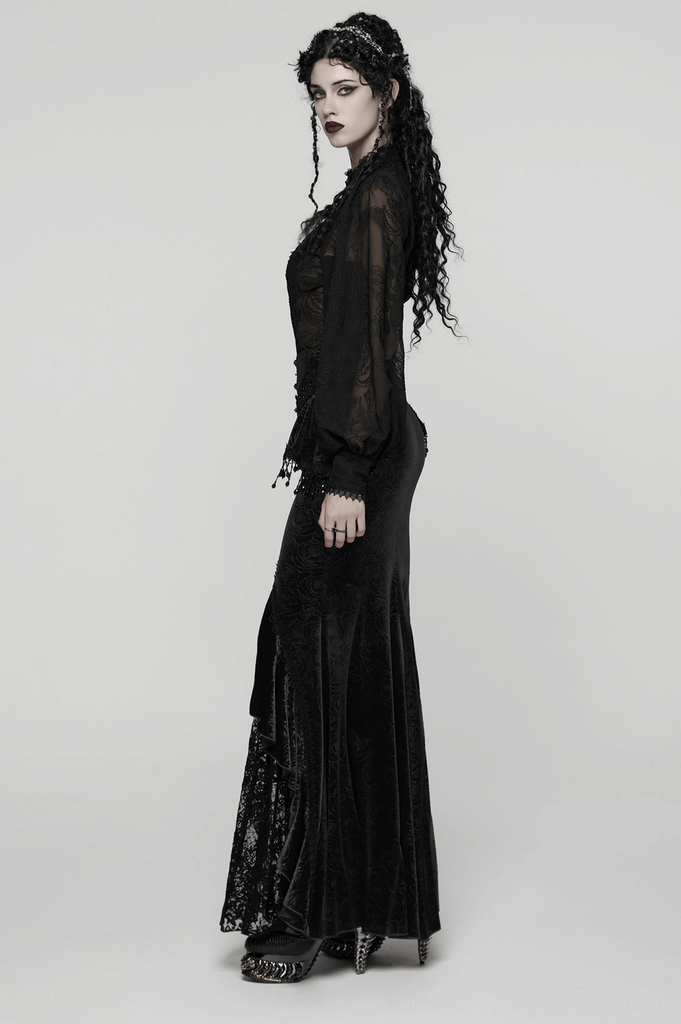Black embroidered gothic blouse lantern sleeve detail - puffed sleeve with ruffled cuff