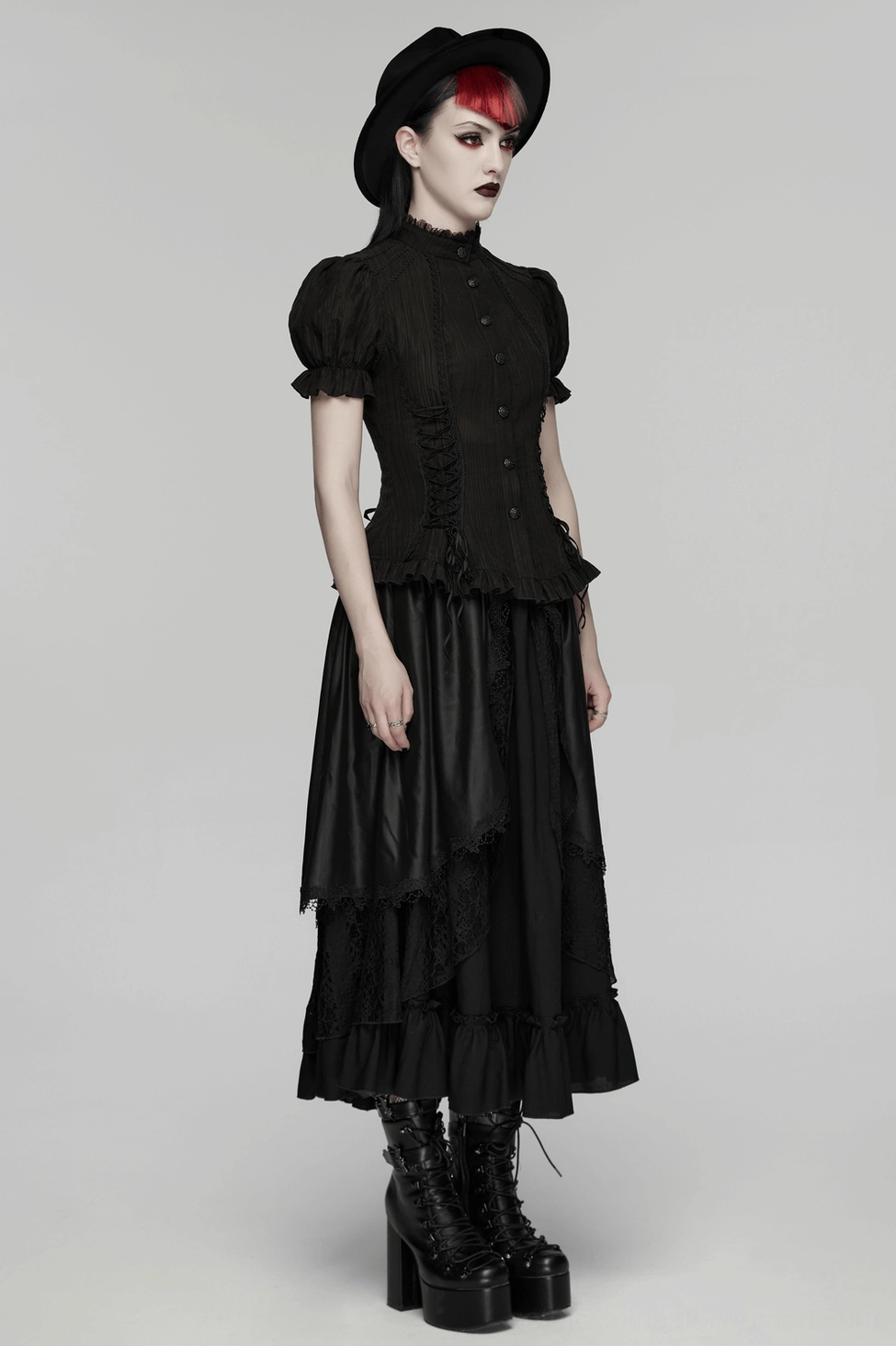 Black gothic puff sleeve blouse full-body front view on model demonstrating fit and silhouette with high collar and button front