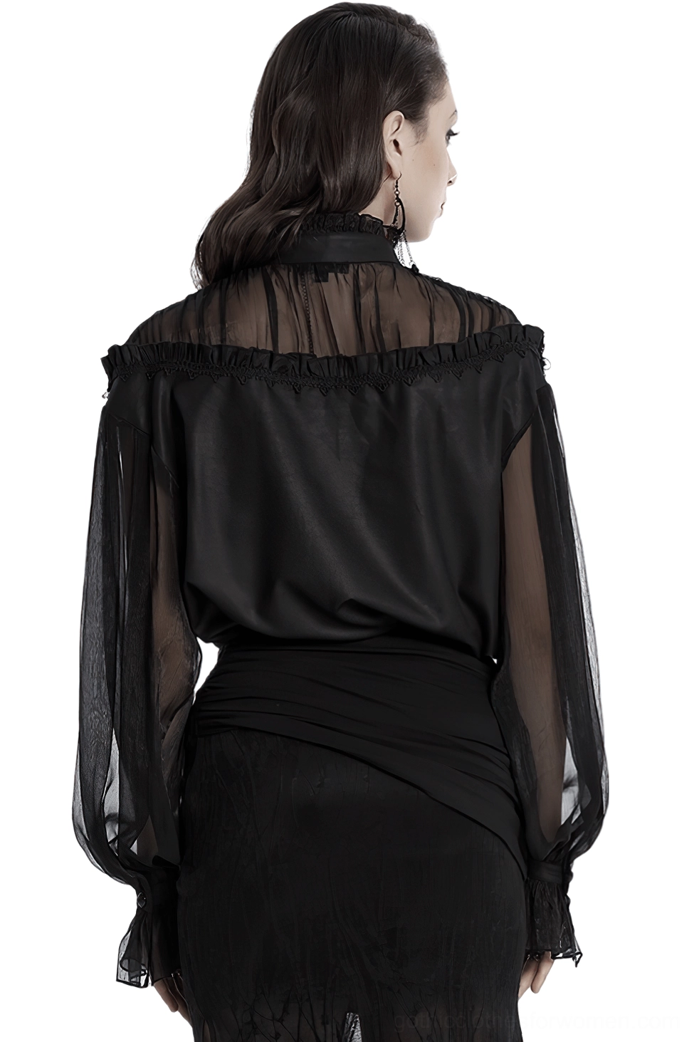 Gothic blouse back view showing sheer chiffon panels and ruffled high collar - side back full view on model