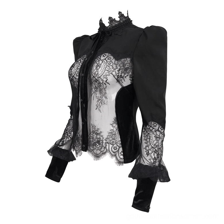 Black gothic lace blouse side profile mannequin view showing curved hem crown collar and sheer lace sleeve construction
