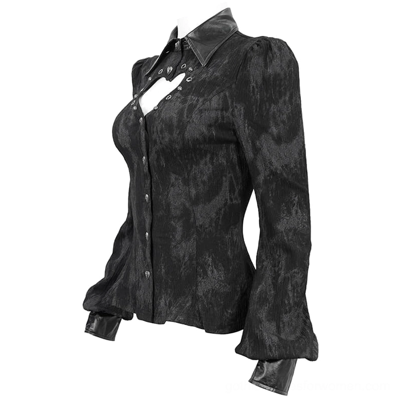 Black gothic lace-up blouse side view showing leather cuffs and tailored puff sleeve silhouette