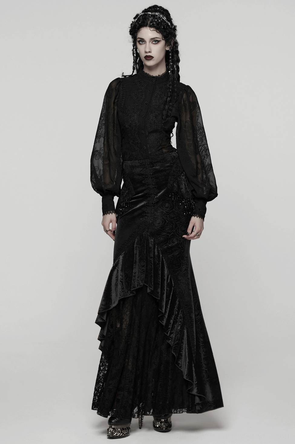 Black gothic blouse overall silhouette - embroidered chiffon with victorian gothic styling