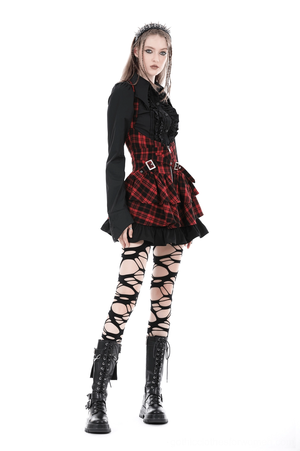 Black gothic long-sleeve blouse full styling view with metal buttons and dramatic ruffles demonstrating how to wear for alternative fashion