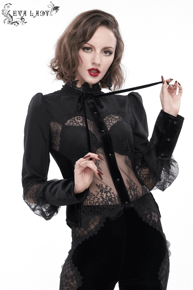 Black gothic lace blouse mannequin three-quarter back view showing construction quality and lace panel placement