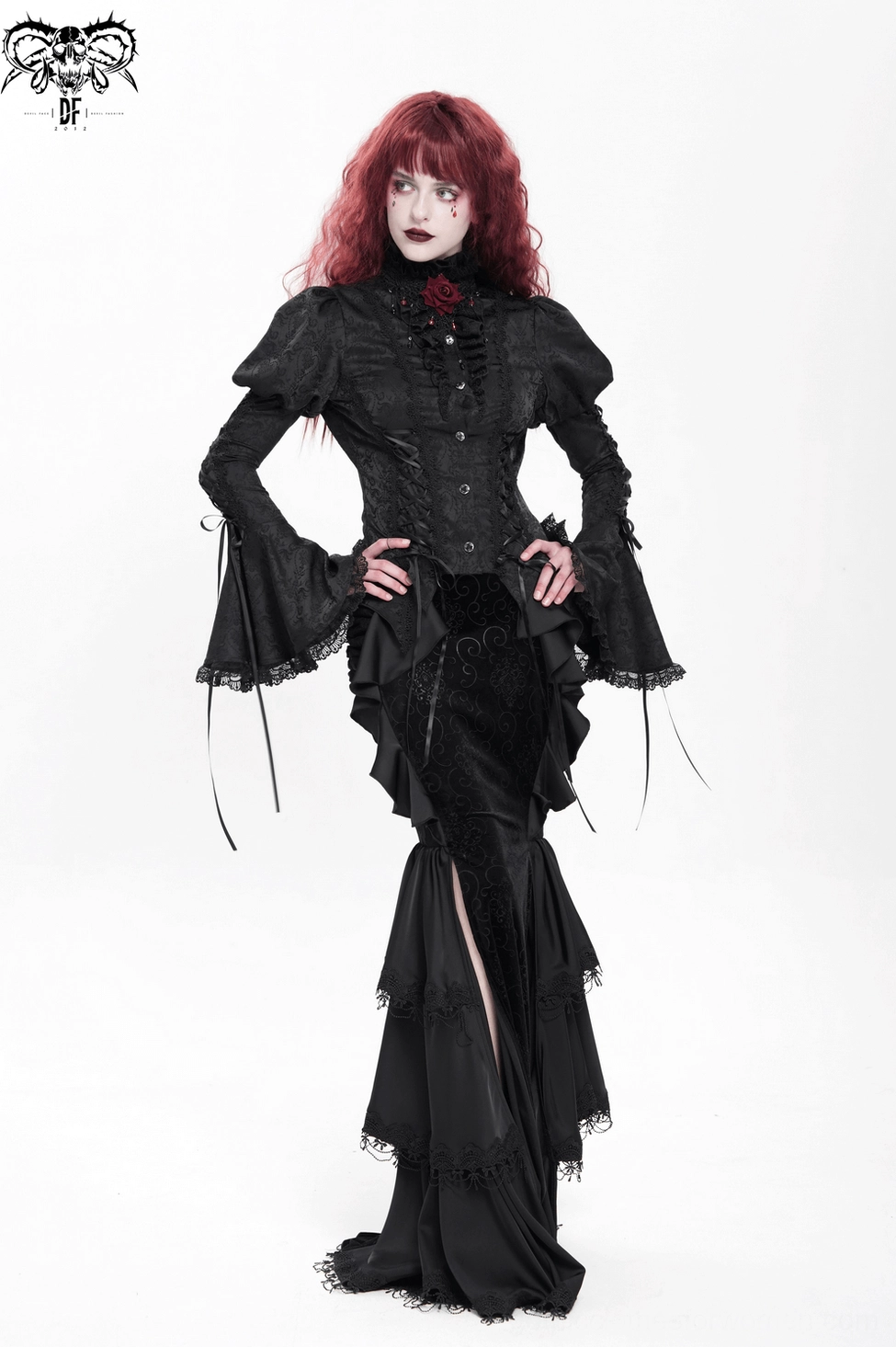 Three-Quarter Turn View of Black Gothic Blouse - Demonstrating Fitted Silhouette and Movement