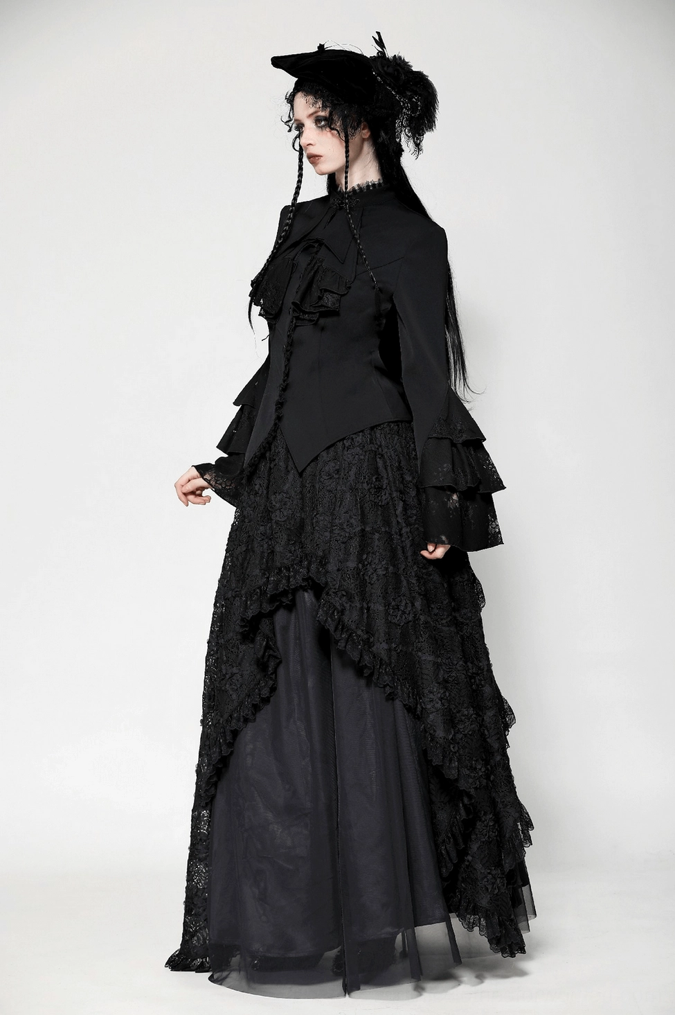 Black gothic Victorian lace blouse detail showing high stand collar, lace trim, and upper body construction with button-down front closure