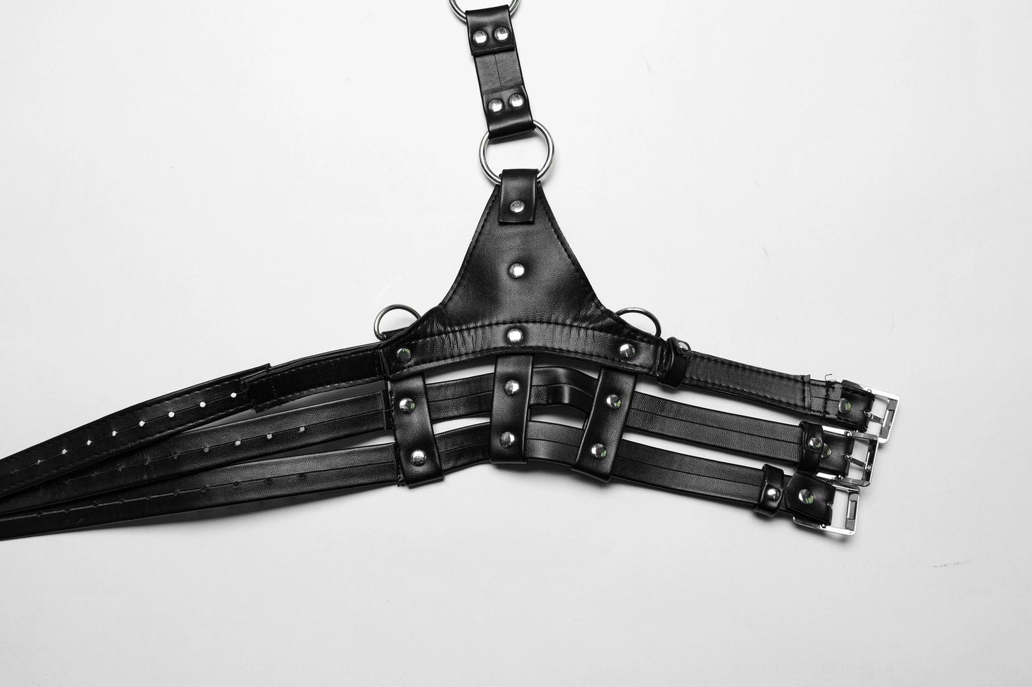 Black PU leather body harness with choker featuring adjustable straps and gothic-inspired hollow-out design