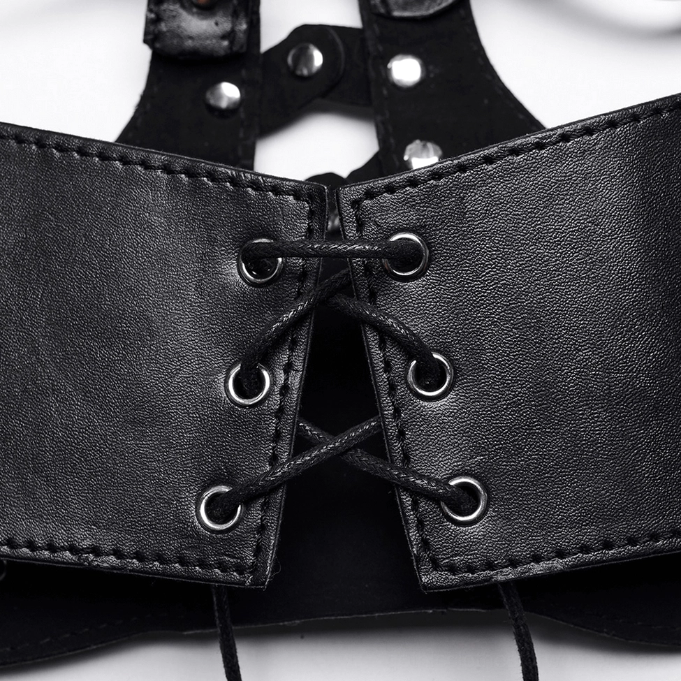 Black gothic body harness bustier top full length view on dress form showing complete architectural strapping design