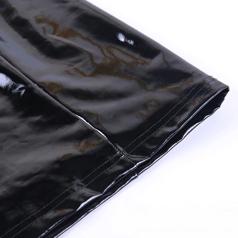 Full-length front view of black patent leather gothic mini dress showcasing bodycon silhouette and halter neckline