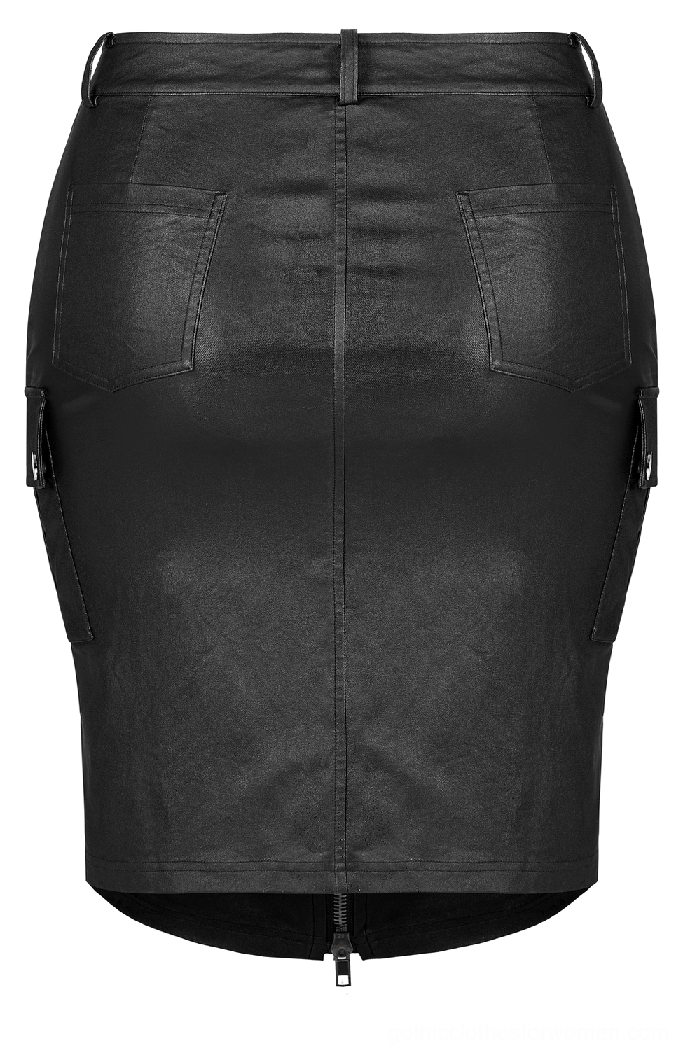Black faux leather gothic skirt back flat lay view - rear patch pockets, zipper detail, and belt loops