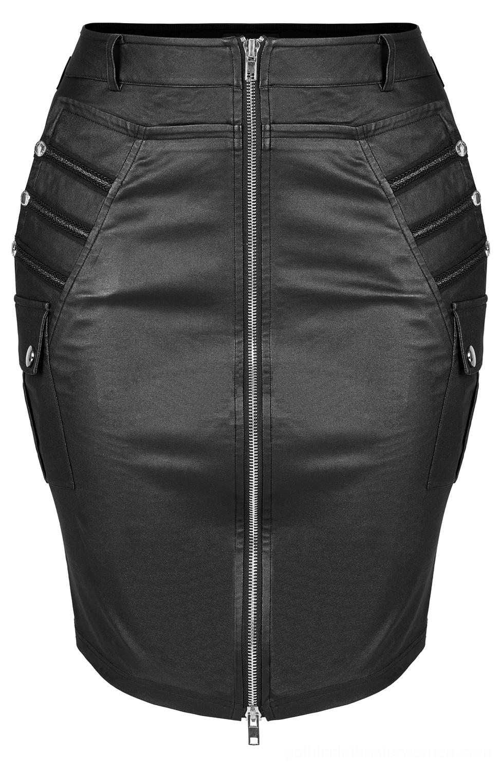 Black faux leather gothic bodycon skirt flat lay front view - dual-head front zipper, belt loops, and decorative side zipper pockets