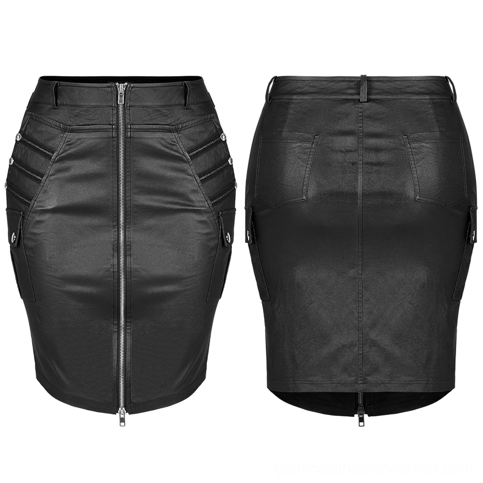 Black faux leather gothic skirt front and back flat lay view - dual zipper, cargo pockets, patch pockets detail