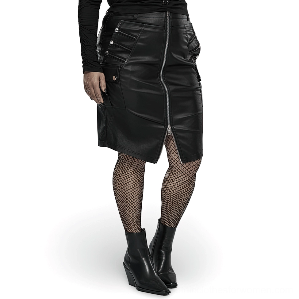Black faux leather gothic bodycon skirt front view on model - slim-fitting silhouette with dual front zipper and side cargo pockets