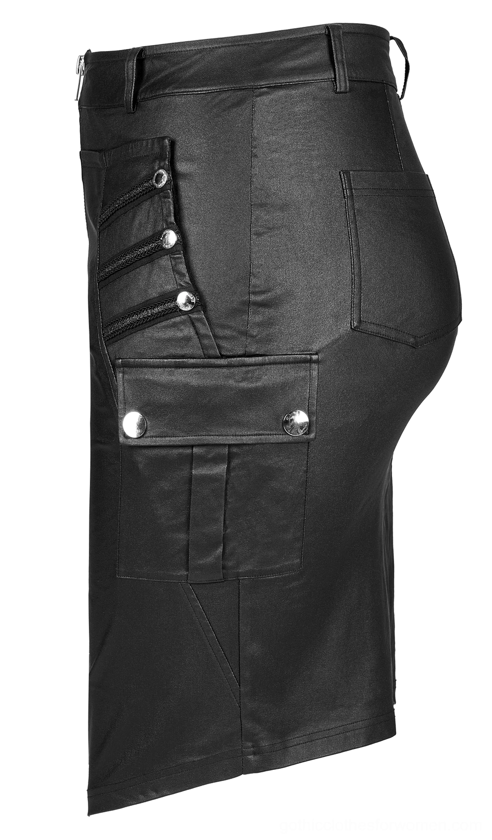Black faux leather gothic skirt side flat lay view - snap button cargo pockets and curved asymmetrical hemline