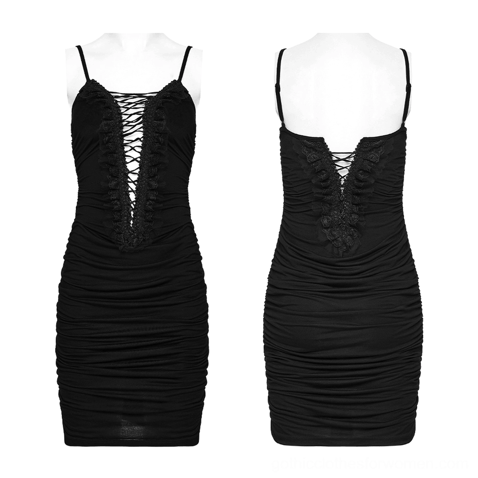 Gothic bodycon slip dress front and back display on mannequin showing lace-up V-neck and ruched detail