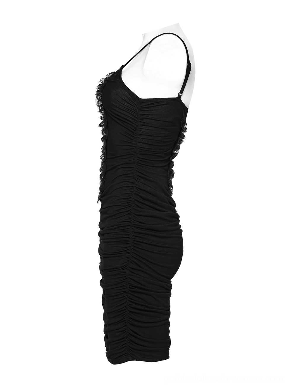 Black gothic bodycon slip dress side view on mannequin showing vertical ruching and spaghetti strap