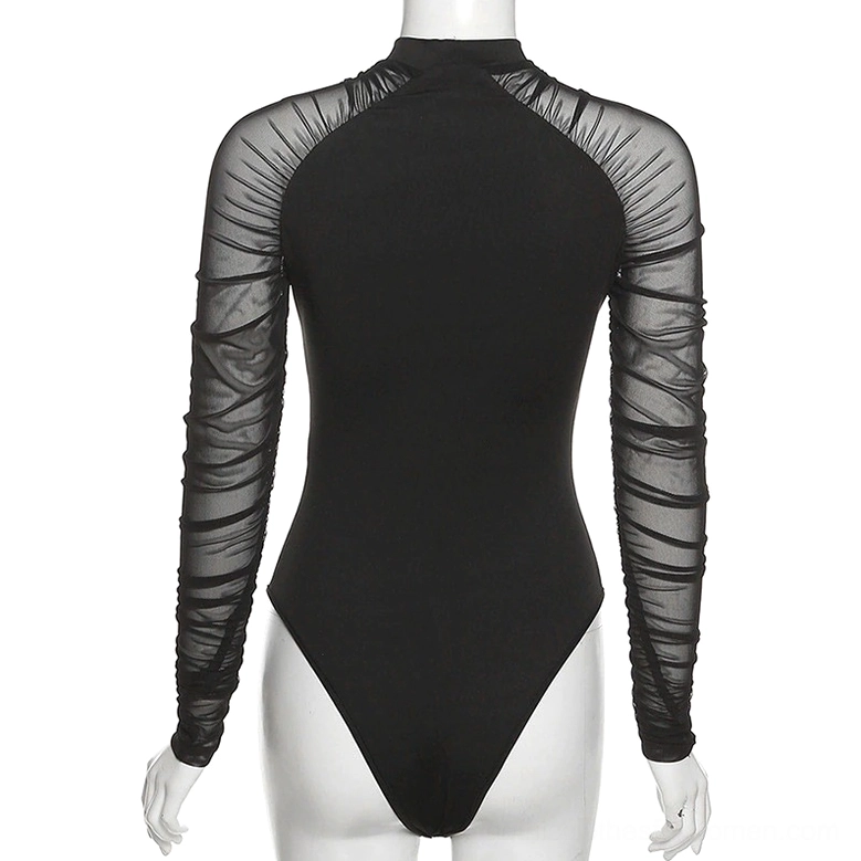 Back view of black gothic stand collar bodysuit displaying raglan mesh shoulder construction and tight fit