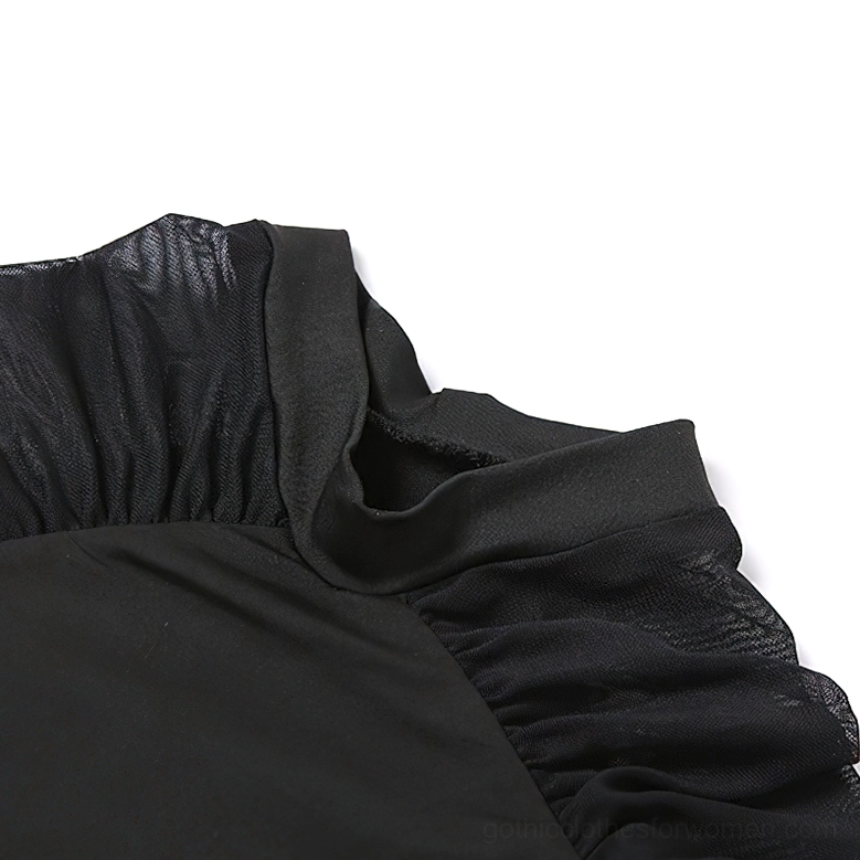 Close-up detail of black bodysuit high stand collar and ruched mesh panel shoulder construction