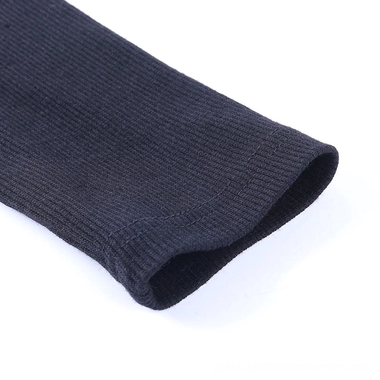 Black ribbed gothic bodysuit full-length detail showing button front closure and slim fit silhouette