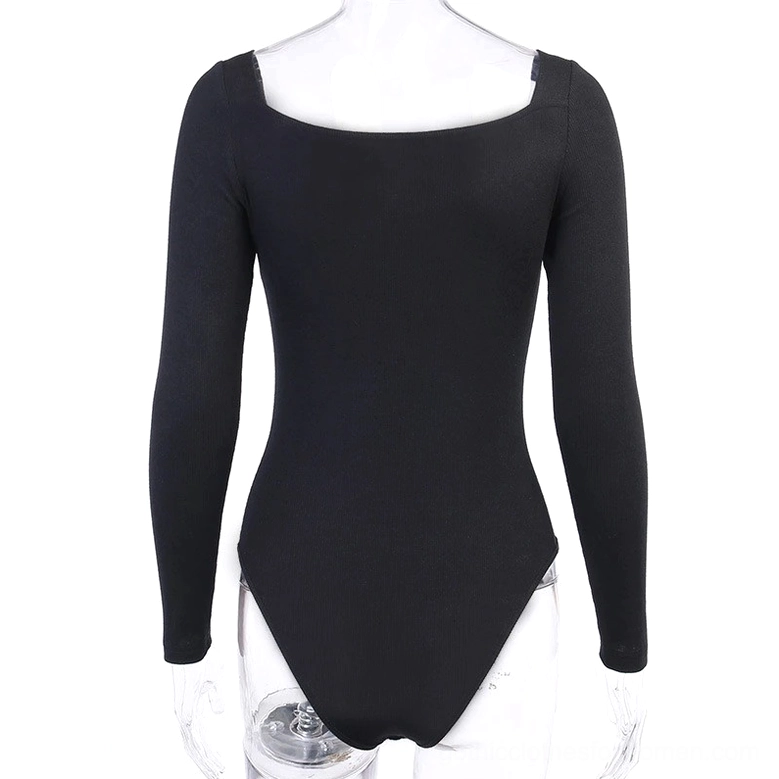 Black long-sleeve ribbed gothic bodysuit on mannequin, square neckline close fit