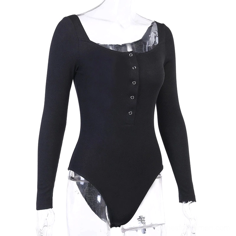 Black ribbed gothic bodysuit mannequin view, scoop neck variant with snap button front