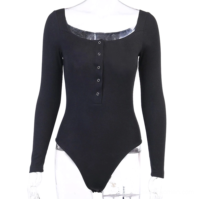 Black ribbed gothic bodysuit displayed on mannequin, square neckline with central button placket