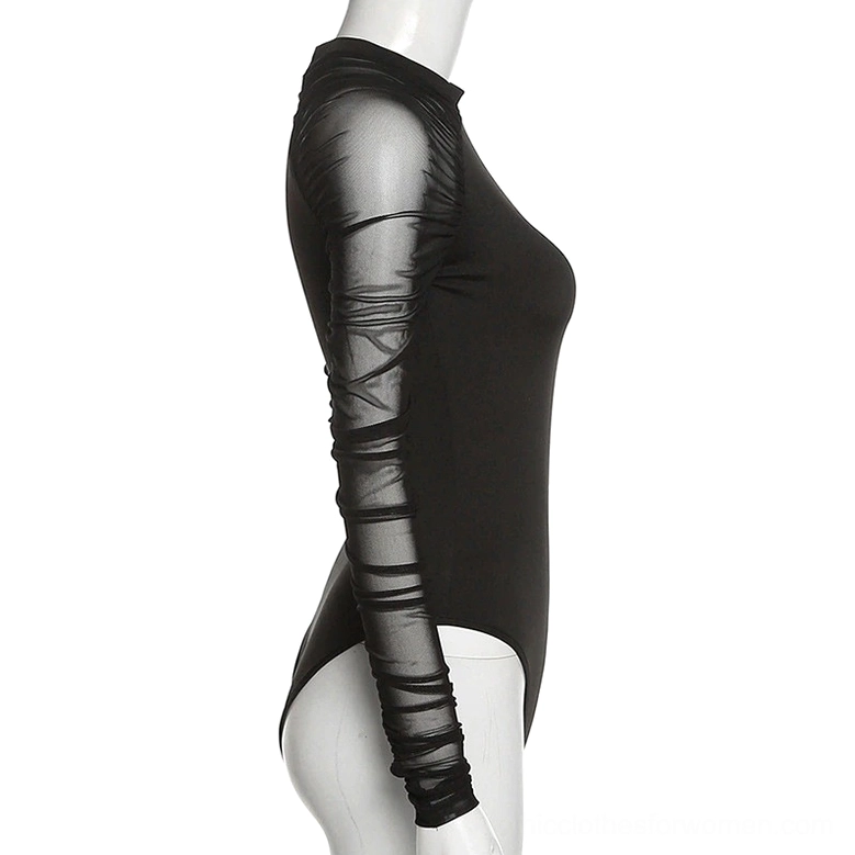Black gothic bodysuit side profile showing form-fitting bodycon silhouette and sheer mesh raglan sleeves