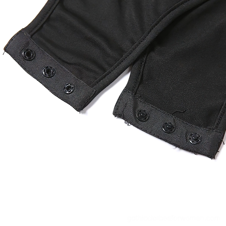 Bottom closure detail showing black plastic snap button fastening on gothic bodysuit