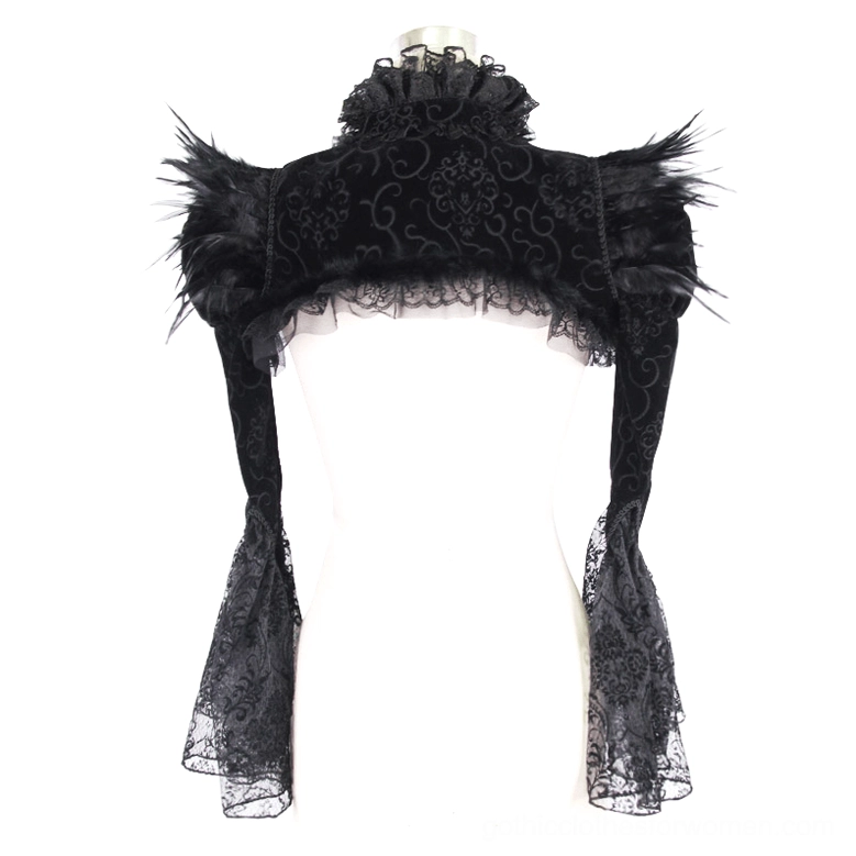 Black gothic bolero back detail showing embossed velvet and ruffled lace trim