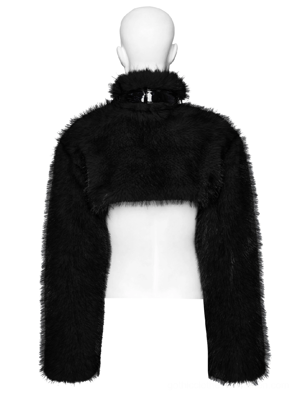 Black faux fur gothic bolero jacket rear mannequin view with high neckline, metal hardware, and full cropped length