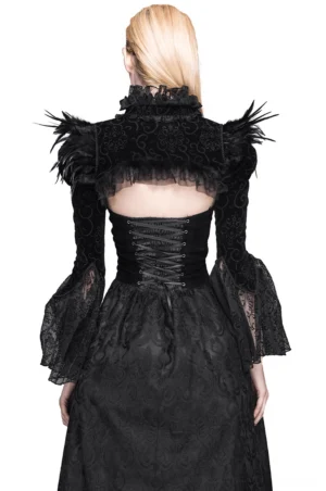 Black gothic lace bolero back view showing lace-up detail and feathered shoulder design